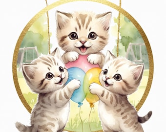 Clipart de gatos en acuarela / Arte infantil para gatitos (JPG, PDF)