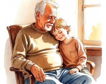 10 impresiones de arte de pared "Amo al abuelo", ilustración familiar en acuarela, abuelo con nietos, regalo para el abuelo, descarga digital