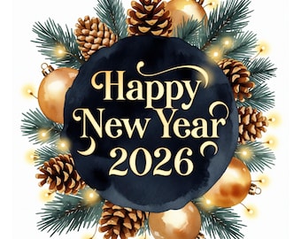 10 imágenes prediseñadas de acuarela de Feliz Año Nuevo 2026, emblema festivo dorado de lujo, JPG festivo de invierno, descarga digital imprimible