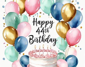 10 imágenes prediseñadas de 44 cumpleaños, celebración de acuarela, globos dorados, pastel, confeti, descarga digital imprimible