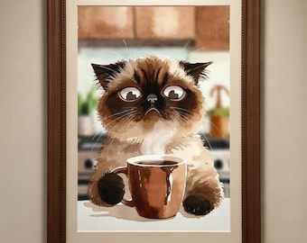 Arte de pared imprimible con diseño de gato gruñón con taza de café, acuarela, adorable decoración de pared para amantes del café, descarga de arte para cafetería y cocina.