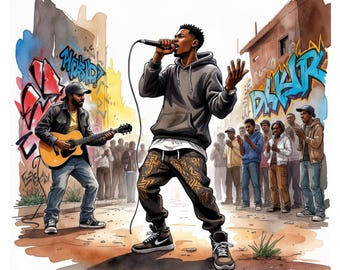 Paquete de 9 imágenes prediseñadas de acuarela de raperos y guitarristas callejeros, escena de música urbana, fondo blanco JPG, arte digital imprimible