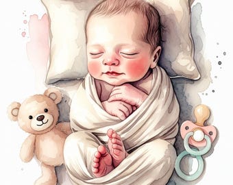 8 imágenes prediseñadas de acuarela de recién nacidos, conjunto de ilustraciones lindas de recién nacidos, imágenes prediseñadas de baby shower, arte infantil, JPG imprimible, descarga digital
