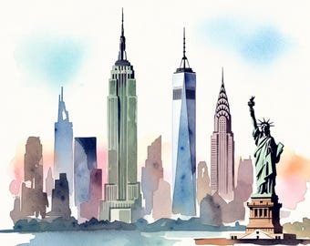 10 imágenes prediseñadas del horizonte de Nueva York, paisaje urbano en acuarela, arte mural imprimible, descarga digital de Nueva York, ilustración urbana,