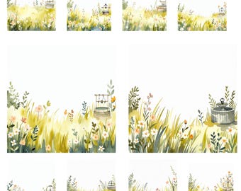 Clipart de jardín en acuarela, PNG de césped floral, gráficos de álbum de recortes (descarga digital)