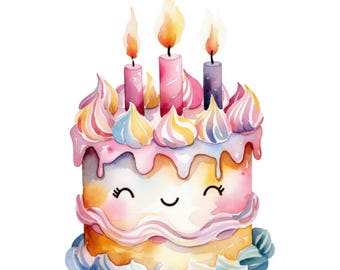 Paquete de 13 imágenes prediseñadas de pastel de cumpleaños de acuarela. Descarga digital PNG JPG de pastel lindo de alta calidad, clipart de fiesta de cumpleaños.