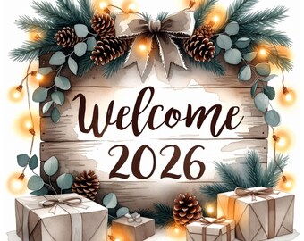 12 imágenes prediseñadas de acuarela de bienvenida 2026, letrero rústico de invierno con cajas de regalo, ramas de pino navideñas, PNG imprimible, fondo blanco,