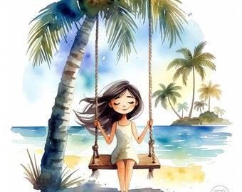 9 Imágenes prediseñadas de mujer en la playa, mujer en columpio con palmeras, ilustración de verano en acuarela, descarga digital imprimible, fondo blanco JPG