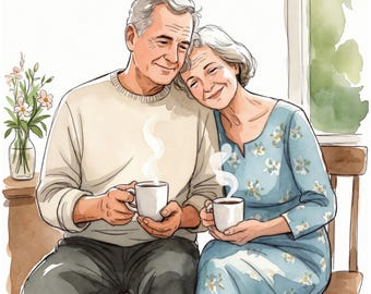 11 impresiones artísticas de pared de abuelos, ilustración de acuarela de abuelo y abuela, arte de amor de pareja de ancianos, regalo de aniversario para abuelos.