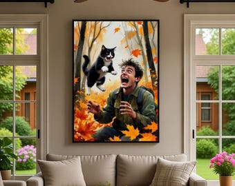 Arte mural de gato divertido en acuarela otoñal / Ilustración de gato saltando adorable / Impresión artística de animales caprichosos / Decoración del hogar de otoño