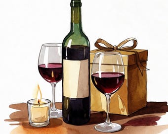 Arte mural imprimible para regalar vino por 13.º aniversario, ilustración de botella de vino en acuarela, regalo elegante para aniversario, descarga digital