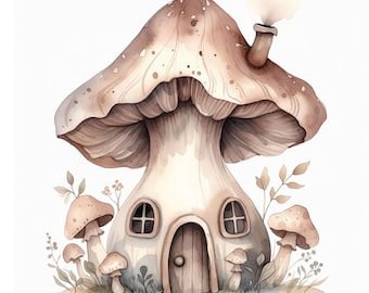 Imágenes prediseñadas de casa de hongos de fantasía, casa de hadas del bosque en acuarela, 10 archivos JPG de alta calidad, fondo blanco, descarga digital