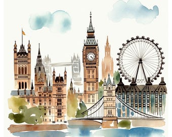 Impresión en acuarela del paisaje urbano de Londres: Big Ben y London Eye (descarga digital)