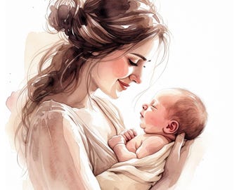 11 imágenes prediseñadas de "Nueva Mamá": Madre con bebé en acuarela, arte mural imprimible, baby shower, guardería, descarga digital