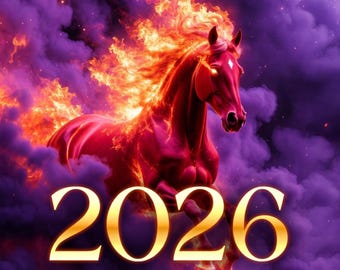 Arte de caballo para Año Nuevo 2026 / Arte mural de caballo del zodíaco morado y rojo / Descarga digital 2026 / Póster de fantasía de lujo / JPG imprimible + video