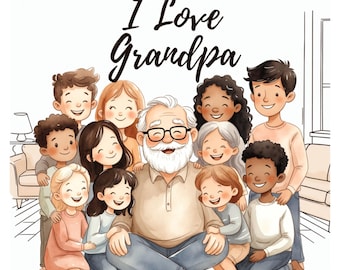 Arte de pared imprimible para abuelo, ilustración familiar en acuarela "Amo al abuelo", arte para el hogar para abuelos, regalo familiar emotivo