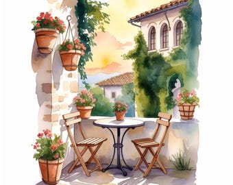 10 imágenes prediseñadas de terrazas italianas, arte de acuarela de balcones toscanos, paquete JPG imprimible, fondo blanco, descarga digital, manualidades de papel