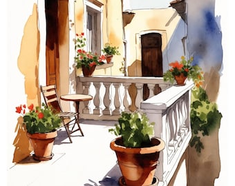 9 Balcones italianos, Terraza toscana, Acuarela imprimible, JPG de alta calidad, Descarga digital, Manualidades de papel, Revistas basura