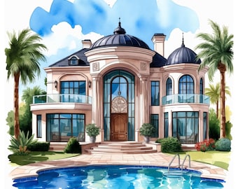 Paquete de 11 imágenes prediseñadas de acuarela de mansiones de lujo, ilustración de una casa de ensueño de gran riqueza, fondo blanco JPG, descarga digital imprimible