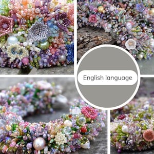 A collage of bead embroidery bracelets and close-up floral elements with a label stating “English language”, indicating that the beading tutorial PDF is written in English.