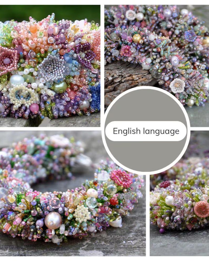 A collage of bead embroidery bracelets and close-up floral elements with a label stating “English language”, indicating that the beading tutorial PDF is written in English.