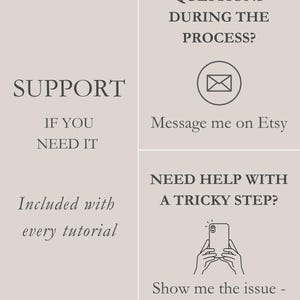 Op de afbeelding: Een lichtbeige informatieve afbeelding met donkere tekst. Links staat SUPPORT IF YOU NEED IT en Included with every tutorial. Rechtsboven staat QUESTIONS DURING THE PROCESS? Message me on Etsy. Rechtsonder staat NEED HELP WITH A TRICKY STEP? Show me the issue - I'll guide you.