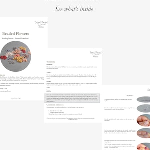 A preview of the PDF beading tutorial showing the cover page, materials list and step-by-step process photos. The pages highlight the professional layout, clear instructions and detailed images included in the digital file.