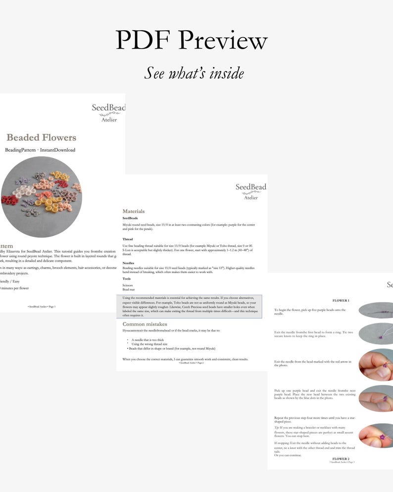 A preview of the PDF beading tutorial showing the cover page, materials list and step-by-step process photos. The pages highlight the professional layout, clear instructions and detailed images included in the digital file.