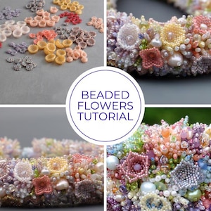 A collage showing small peyote-stitched beaded flowers and finished bead embroidery work. The center label “Beaded Flowers Tutorial” highlights that this is a digital beading pattern with detailed instructions.