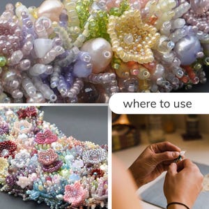 A collage illustrating how the beaded flowers can be used, including close-up bead embroidery, finished bracelets and a person working on beadwork. A label suggests ideas for applying the flowers in jewelry and accessories.