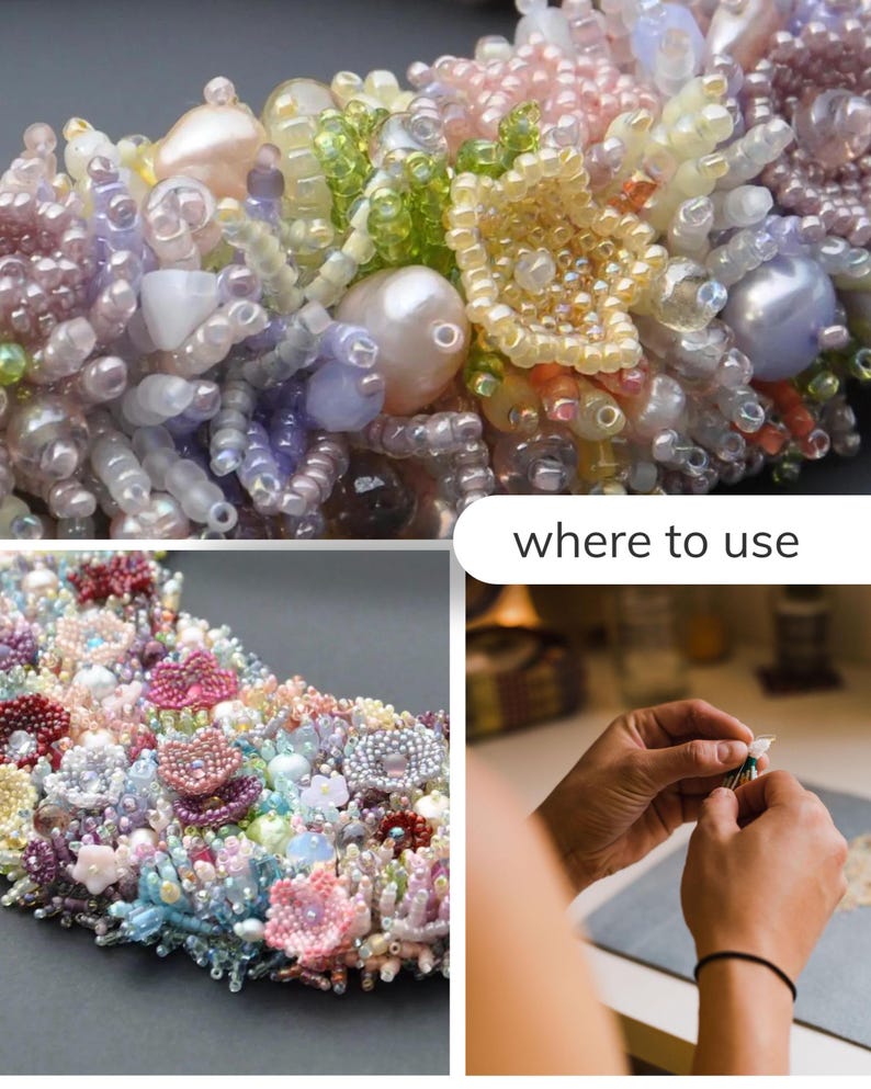 A collage illustrating how the beaded flowers can be used, including close-up bead embroidery, finished bracelets and a person working on beadwork. A label suggests ideas for applying the flowers in jewelry and accessories.