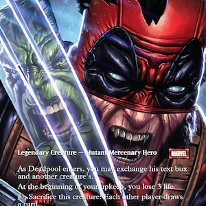 Könnte beinhalten: Deadpool-Sammelkarte mit einer detaillierten Illustration der Figur mit roter und schwarzer Maske und einer grün gehäuteten Figur im Hintergrund. Der Text beschreibt die Fähigkeiten der Figur und das Marvel-Logo.