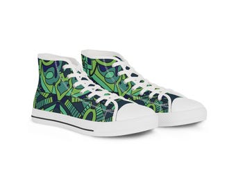 Men's Blue Green Geometric High Top Sneakers Distinctive & Uncommon