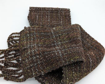 Handwoven Wool Scarf: Brown, Copper, Gray Plaid - Handspun Yarn (21)