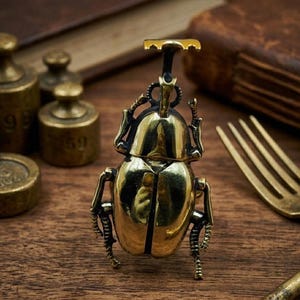 May include: A polished brass beetle figurine featuring a prominent horn on its head, segmented legs, and a smooth, reflective shell. The insect sculpture is crafted with detailed textures on the legs and antennae, showcasing a metallic gold finish.