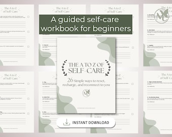 May include: A guided self-care workbook for beginners. The cover features the text "THE A TO Z OF SELF-CARE" with 26 simple ways to reset, recharge, and reconnect to you. The design includes a soft green color palette and a downloadable button.