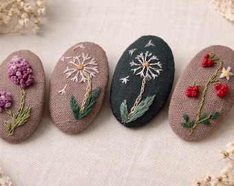 Embroidered Dandelion Hair Clip – Handmade Linen Floral Accessory, Nature Inspired Style