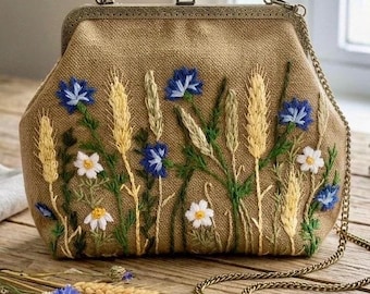 Hand Embroidered Clutch, Kiss Lock with Chain, Handmade Purse Gift