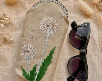 Hand Embroidered Dandelion Eyeglass Case, Cotton Kiss Lock Pouch, Sunglasses Holder
