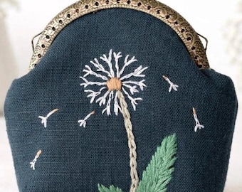 Hand Embroidered Floral Linen Coin Purse, Brass Kisslock