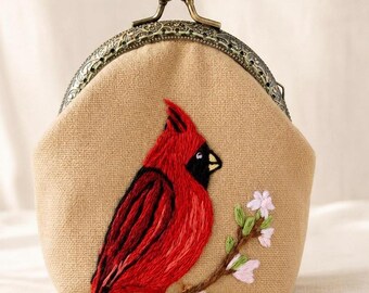 Embroidered Cardinal Coin Purse, Red Bird Kiss Lock Wallet, Small Frame Pouch