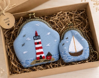 Hand-Embroidered Lighthouse Coin Purse Set, Nautical Sailboat Keychain Pouch, Coastal Gift