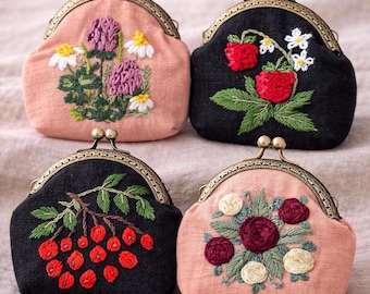 Hand Embroidered Linen Coin Purse, Brass Kisslock Closure, Floral Design