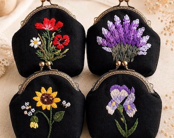 Hand Embroidered Linen Coin Purse, Brass Kisslock