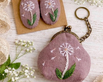 Embroidered Dandelion Hair Clips and Coin Purse Keychain Set, Linen Accessories