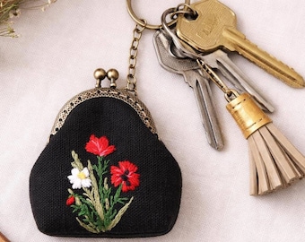 Floral Embroidered Linen Mini Coin Purse Keychain, Kiss Lock Pouch