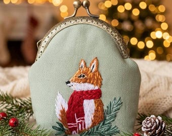Hand Embroidered Fox Coin Purse, Kiss Lock Wallet, Woodland Animal Pouch
