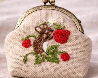 Hand Embroidered Coin Purse, Heart Kiss Lock, Hopsack Fabric