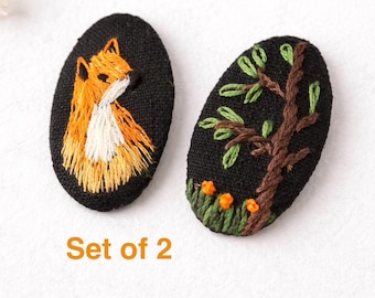 Embroidered Woodland Fox Hair Clips Set – Handmade Forest Barrette for Girls