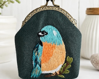 Hand Embroidered Bird Coin Purse, Linen Kiss Lock Wallet, Cottagecore Botanical Gift